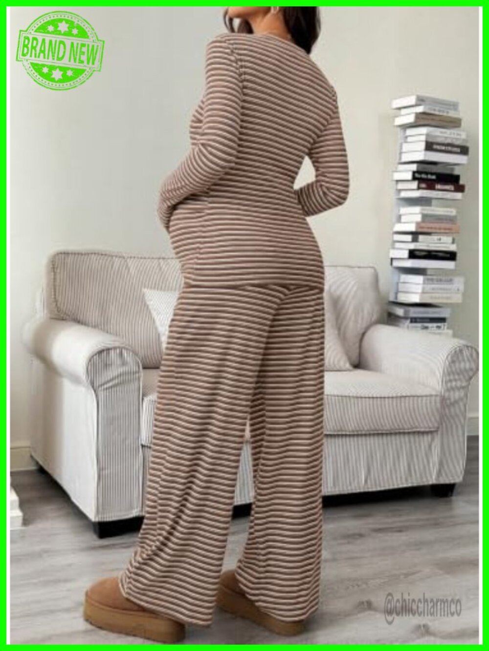 Maternity 2 Piece Lounge Set Striped Long Sleeve Sleepwear with Pockets - Picture 4 of 6